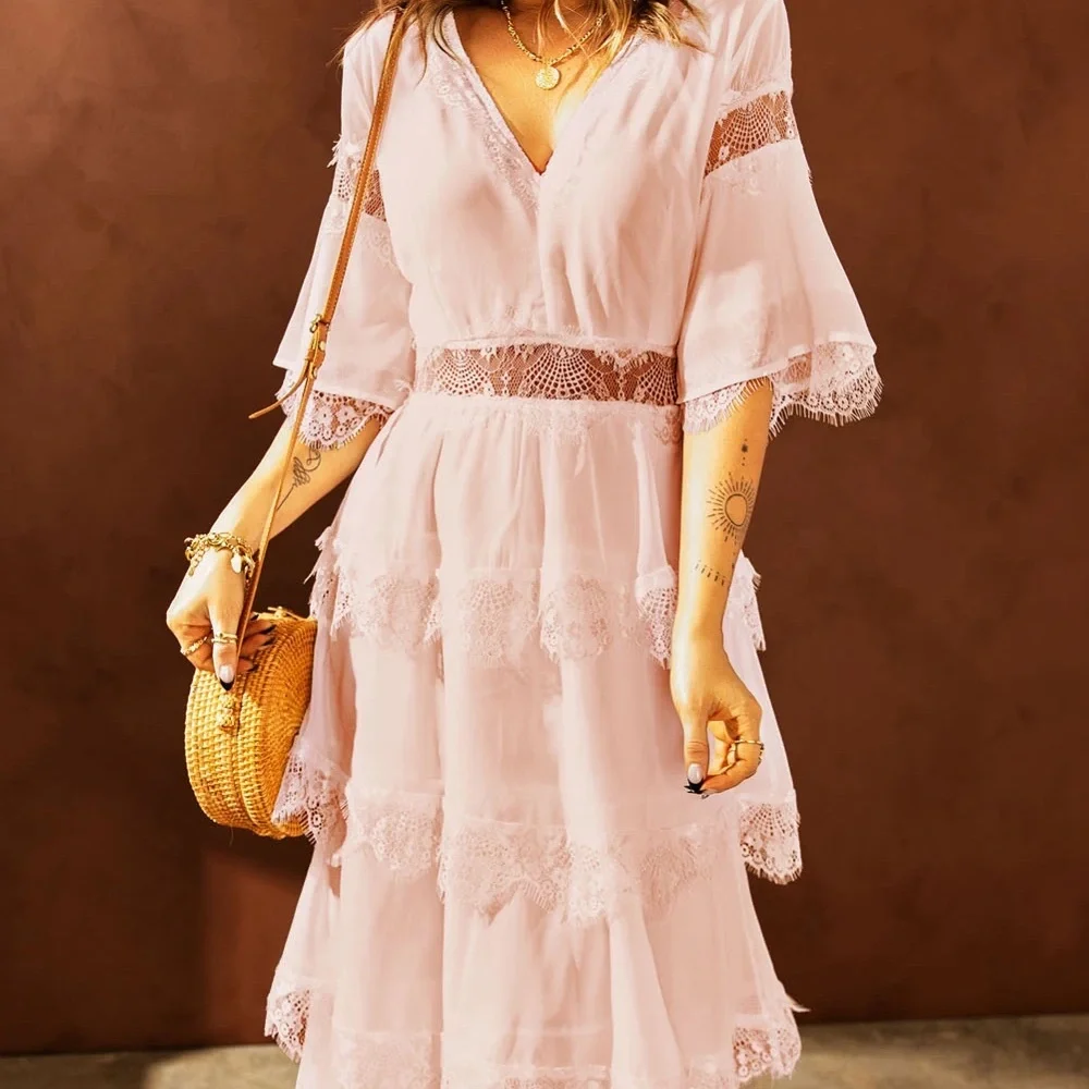 Elegant Pink Lace Maxi Dress babydoll
